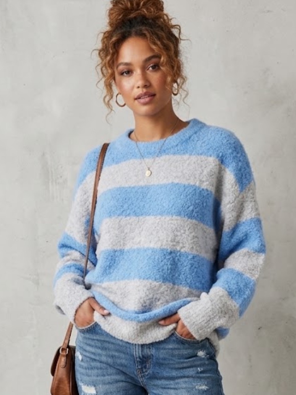 Altar'd State Blue and Light Gray Striped Oversized Crew Neck Sweater. NWT